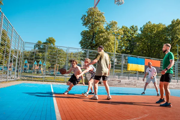 Lviv Ukraine May 2022 Men Playing Basketball Outdoors Copy Space — Stock Photo, Image