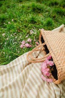 Pembe sakura çiçekleriyle kaplı yeşil çimenlerin üzerinde hasır şapkalı ve çantalı piknik battaniyesi kopyalama alanı