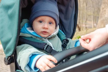 Bahar parkında bebek arabasında sürpriz bir bebek.