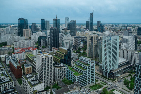Aerial view of Warsaw skyscrapers. Spring season