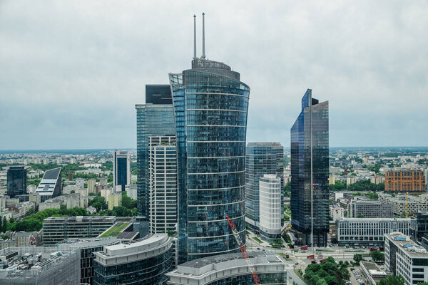 Stunning aerial view Warsaws skyscrapers. May 27, 2022. Warsaw, Poland.