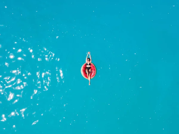Overhead View Woman Floating Inflatable Ring Blue Sea Water Sunbathing — стоковое фото