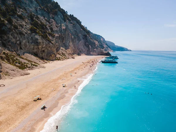 Vista Aérea Playa Egremni Isla Lefkada Grecia Vacaciones Verano —  Fotos de Stock