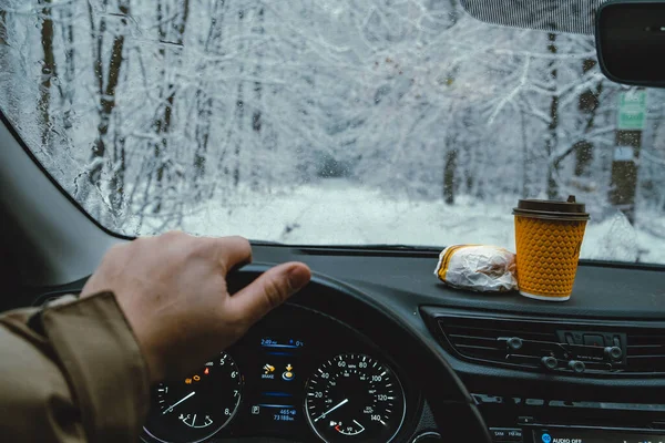 Зимовому Лісовому Тлі Фастфуд Приладовій Панелі Автомобіля — стокове фото