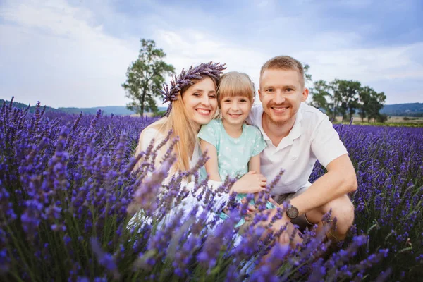 Family Toddler Daughter Enjoying Lavender Field Mom Dad — Stock Photo, Image