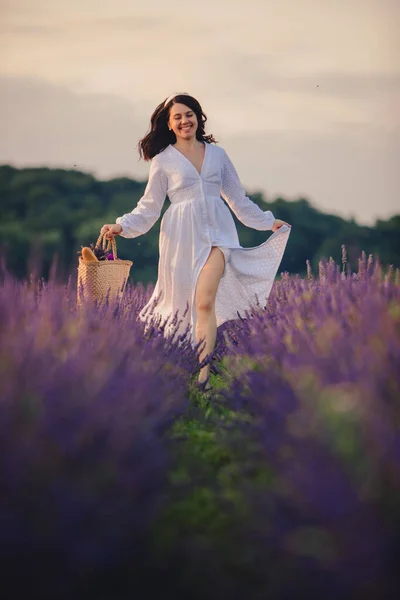 Gorgeous Woman White Dress Lavender Field Sunset Time — Stock Photo, Image