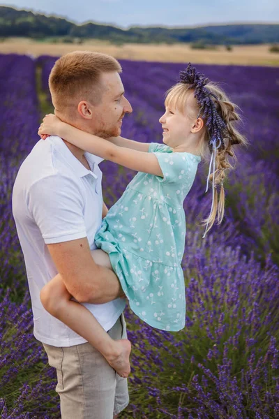 Father Daughter Look Each Other Happy Father Holds Child His — Stock Photo, Image
