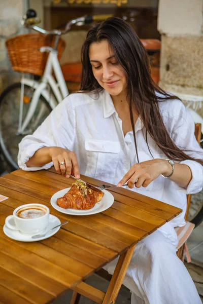 French Breakfast Made Croissant Cup Coffee Summer Terrace Cafe — Stock Photo, Image