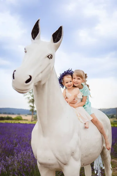 Two Sisters Sitting White Decorative Horse Lavender Field — Stock Photo, Image