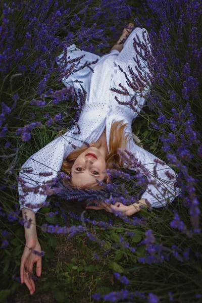 Young Woman White Dress Lies Middle Lavender Field Wearing Lavender — Stock Photo, Image