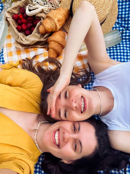 Selfie Two Smiling Women Lying Blue Blanket Picnic — Stock Photo, Image