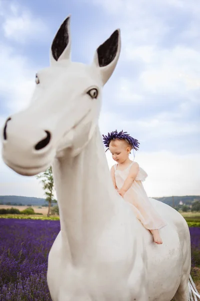 Illustration Girl Sitting White Horse Lavender Field Shown — Stock Photo, Image