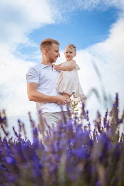 Happy Father Holds His Daughter Sky Clouds Background — Stock Photo, Image