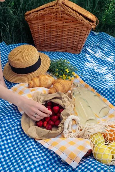 Nádherný Piknik Croissanty Jahody Limonáda Kostkované Přikrývce — Stock fotografie