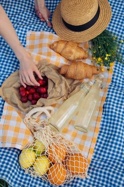 Enjoying Picnic Croissants Strawberries Lemonade Checkered Blanket — Stock Photo, Image