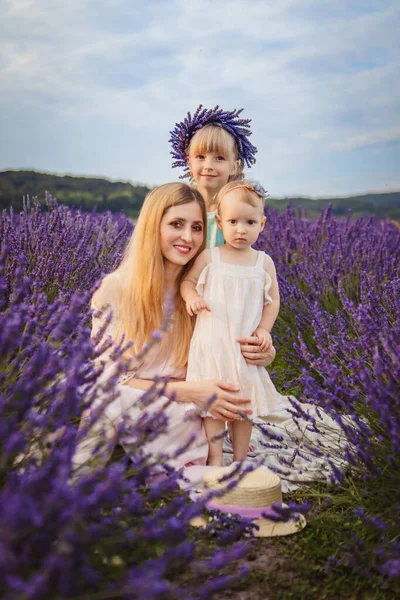 Щаслива Мати Двома Дочками Лавандовому Полі — стокове фото