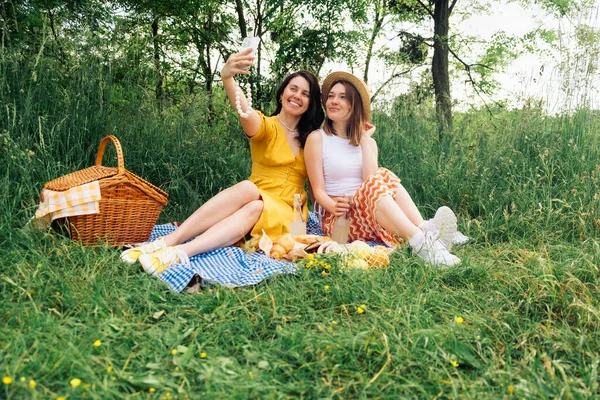 Pareja Sonriente Mujeres Tomando Selfie Picnic Día Verano — Foto de Stock