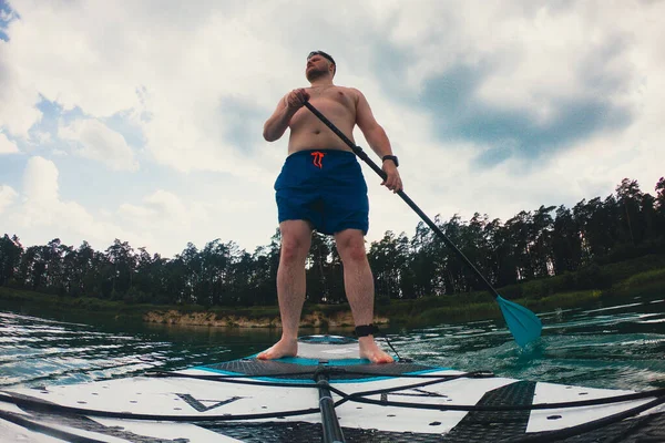 Happy Man Supboard Paddling Summer Water Activities — Stock Photo, Image