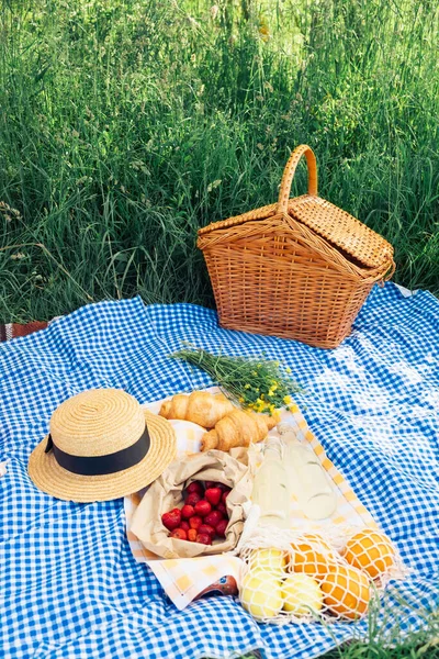 Piknik Croissanty Jahodami Limonádou Modré Kostkované Přikrývce — Stock fotografie