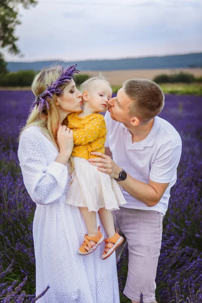 Happy Family Mom Dad Kissing Little Daughter Lavender Field — Stock Photo, Image