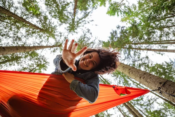 Happy Woman Hammock Forest Hiking Concept — Stock Photo, Image