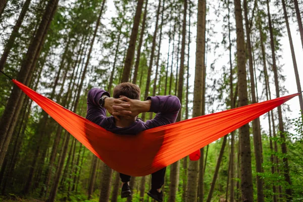 Happy Man Hammock Middle Forest Copy Space — Stock Photo, Image
