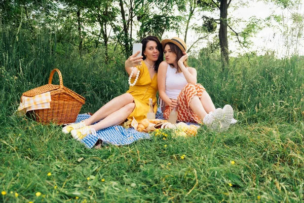 Two Friends Take Selfie Blanket Outdoor Picnic — Stock Photo, Image