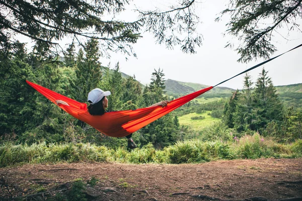 Happy Woman Hammock Mountains Background Copy Space — Stock Photo, Image