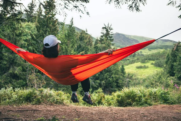 Happy Woman Hammock Mountains Background Copy Space — Stock Photo, Image