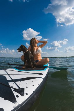 Köpekli mutlu kadın yaz tatilinde.