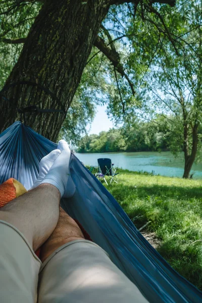 Pov Man Laying Hammock Resting Riverside Summertime — Stock Photo, Image