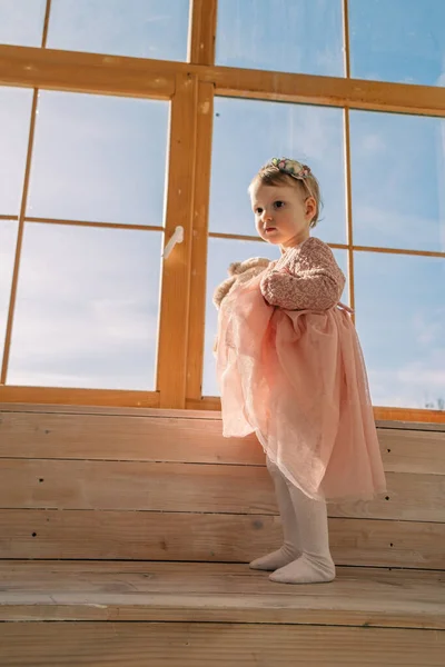 Little Cute Girl Dress Window Bear Toy — Stock Photo, Image