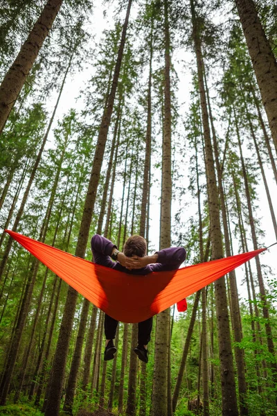 Happy Man Hammock Middle Forest Copy Space — Stock Photo, Image