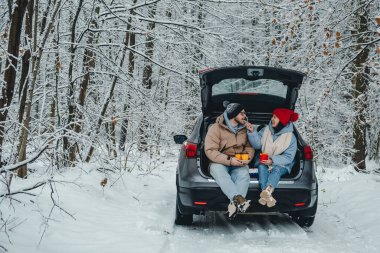 Kış ormanı boyunca araba sürerken, çift öğle yemeği molası verdi.
