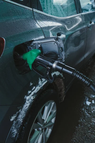Fuel Tank Car Gas Pump Nozzle Winter Season — Stock Photo, Image
