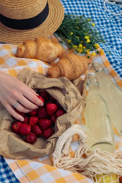 Enjoying Picnic Croissants Strawberries Lemonade Checkered Blanket — Stock Photo, Image