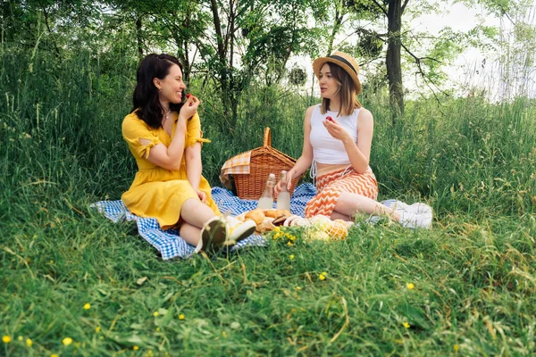 Couple Women Chatting While Sitting Blue Picnic Blanket Open Air — Stock Photo, Image