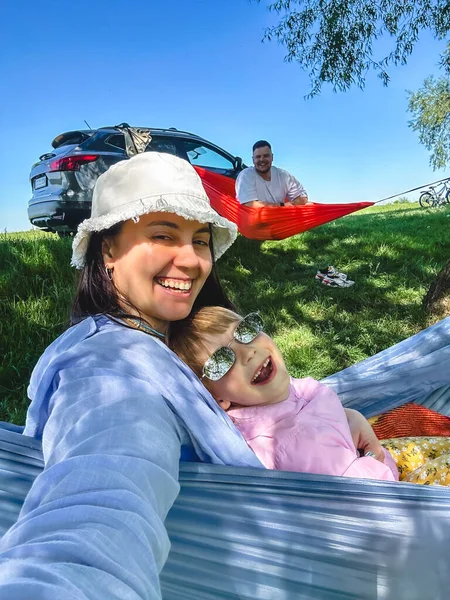 Happy Family Resting Hammocks Father Mother Daughter Outdoors Chilling — Stock Photo, Image
