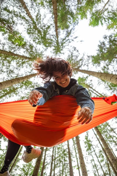 Happy Woman Hammock Forest Hiking Concept — Stock Photo, Image