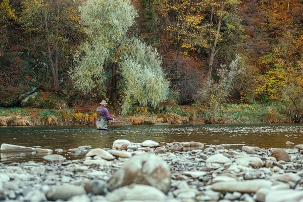 Fishermen Autumn Mountain River Copy Space — Stock Photo, Image
