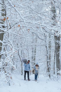 Kardan zevk alan çiftler kış ormanlarında yürürler..