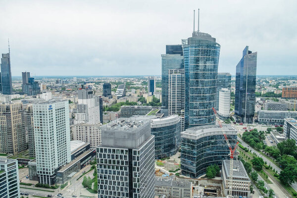 Captivating aerial view Warsaws business district. May 27, 2022. Warsaw, Poland.
