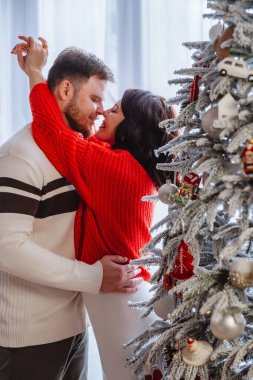 Evdeki Noel ağacını süsleyen çift.