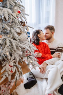 Evdeki Noel ağacının yanında güzel bir çift