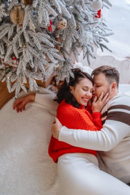 Evdeki Noel ağacının yanında güzel bir çift