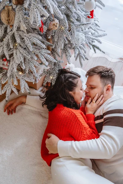 Evdeki Noel ağacının yanında güzel bir çift