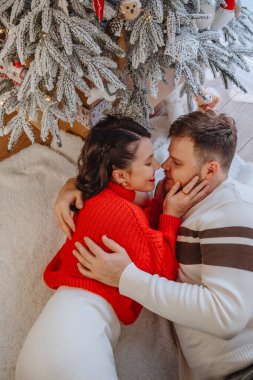 Evdeki Noel ağacının yanında güzel bir çift
