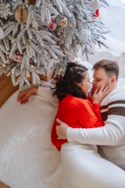 Evdeki Noel ağacının yanında güzel bir çift