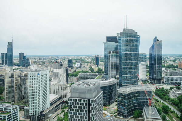Aerial view of Warsaws iconic high-rise buildings. Spring season