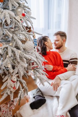 Evdeki Noel ağacının yanında güzel bir çift